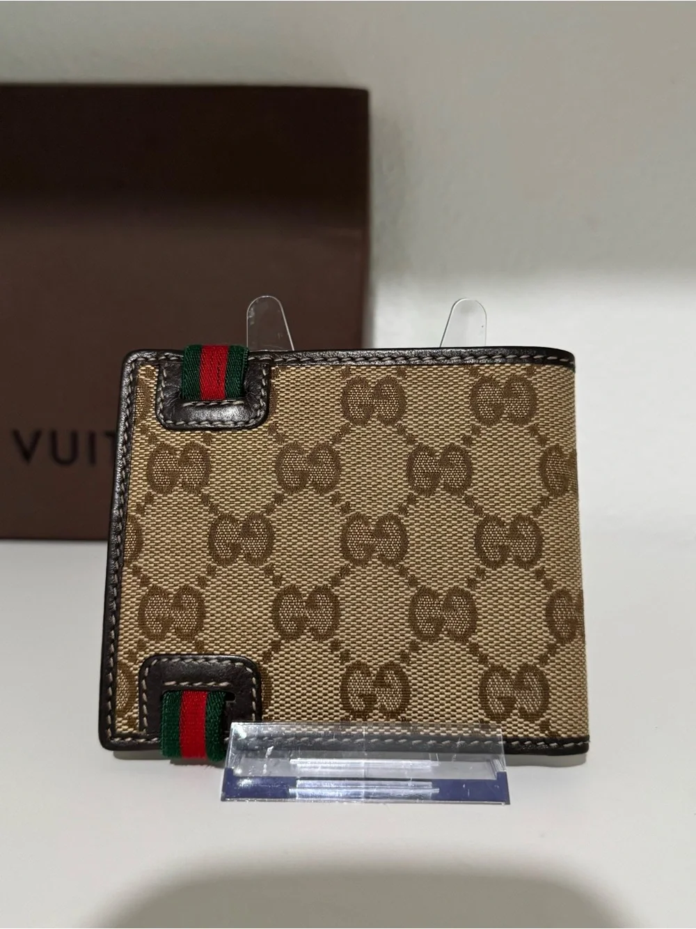 Gucci Beige Brown GG Supreme Canvas Money Clip with Green-Red Web